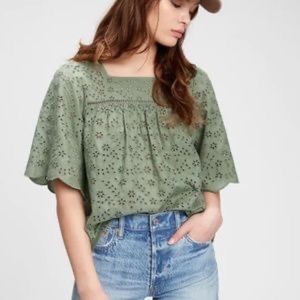 GAP Square Neck Eyelet Sage Green Top with Ballon Sleeves (XL)